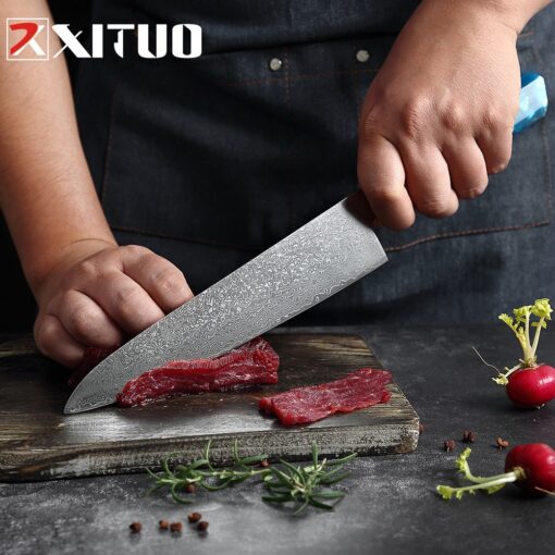 Chef Knife Set Damascus Steel Kitchen Japanese set blue & brown