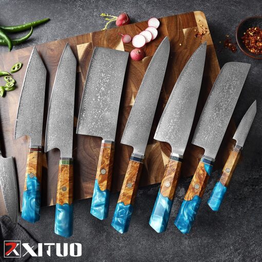 Chef Knife Set Damascus Steel Kitchen Japanese set blue & brown