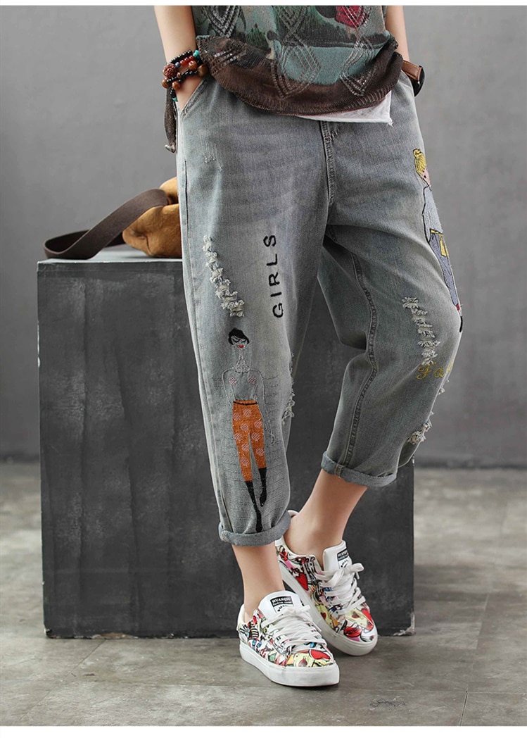 Fashion Brand Korea Style Vintage Hole Girl Embroidery Ankle-length Denim Jeans Female Casual Loose Harem Pant Trousers Cloth