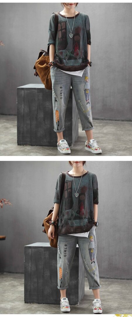 Fashion Brand Korea Style Vintage Hole Girl Embroidery Ankle-length Denim Jeans Female Casual Loose Harem Pant Trousers Cloth