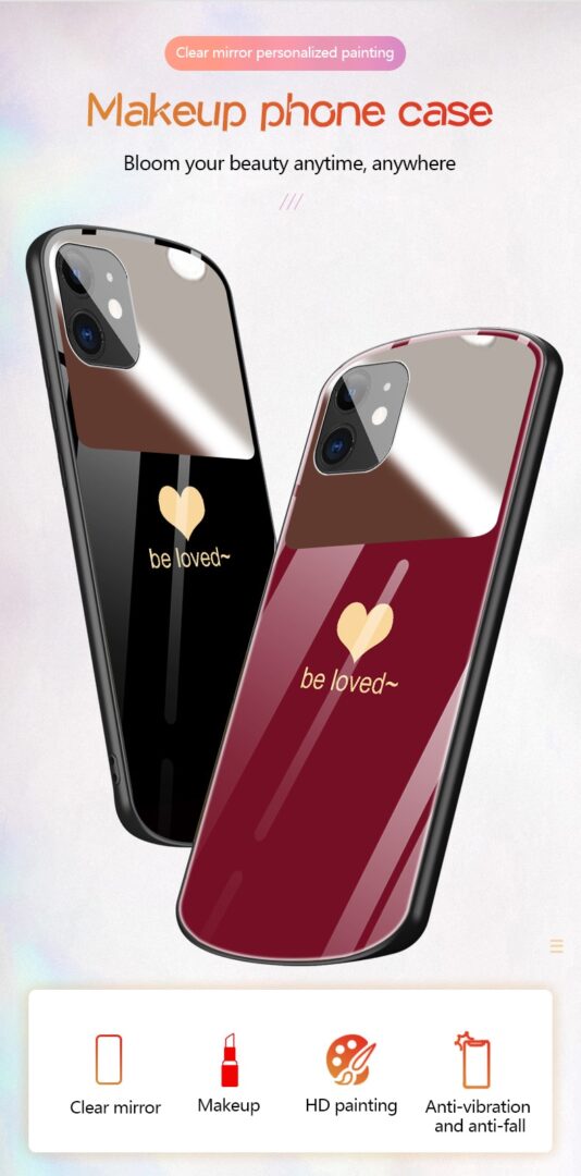 Luxury Cute Oval Heart-shaped Tempered Glass Phone Case For iPhone 12 11 Pro Max XSmax XR X SE 8 7 6 Plus Mirror Lanyard Cover