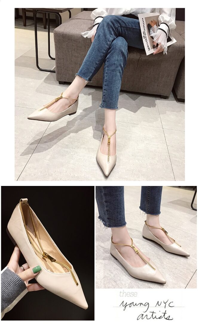 Women Pointed Shoes Women's Korean Style Flat Top Shoes Low-Cut Scoop Shoes Woman Versatile Zipper Daily Falts Loafers Shoe