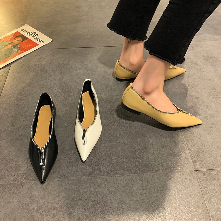 Women Pointed Shoes Women's Korean Style Flat Top Shoes Low-Cut Scoop Shoes Woman Versatile Zipper Daily Falts Loafers Shoe