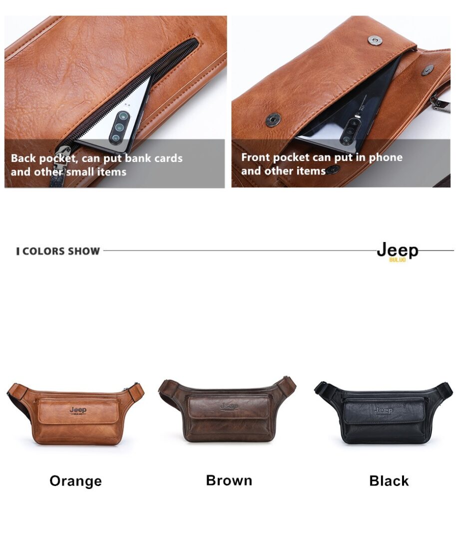 JEEP BULUO Brand Casual Functional Money Phone Belt Bag Chest Pouch Waist Bags Unisex Pack Sling Bag Leather Hip Bag